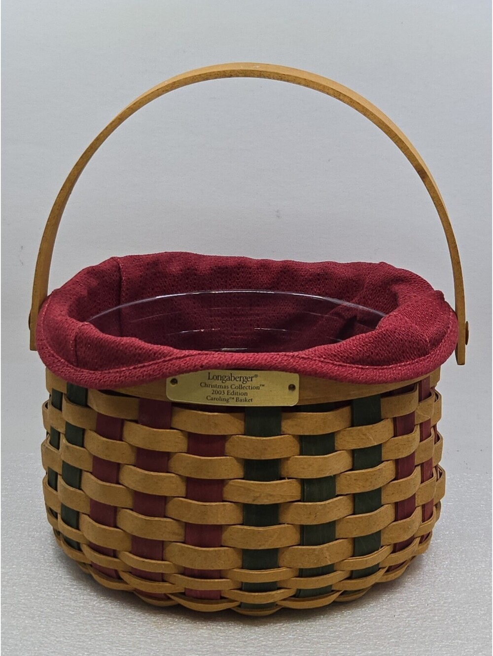 Longaberger 2003 Christmas Caroling Basket Red Green Woven Red Liner & Protector